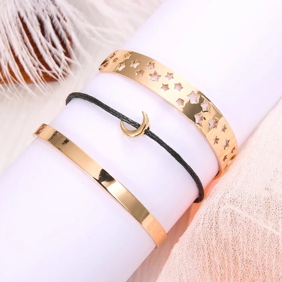 NEW 3pc Gold Cut Out Moon & Star Adjustable Bracelets - Picture 3 of 9
